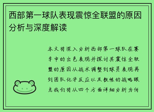 西部第一球队表现震惊全联盟的原因分析与深度解读